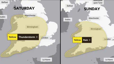 气象局的两张英国地图：第一张显示周六威尔士及英格兰中南部的黄色雷暴警告区域；第二张显示周日大部分威尔士、中部地区和西南英格兰的黄色降雨警告