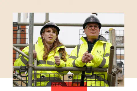 PA Media/ Joe Giddens Housing Minister Angela Rayner and Prime Minister Sir Keir Starmer on a building site